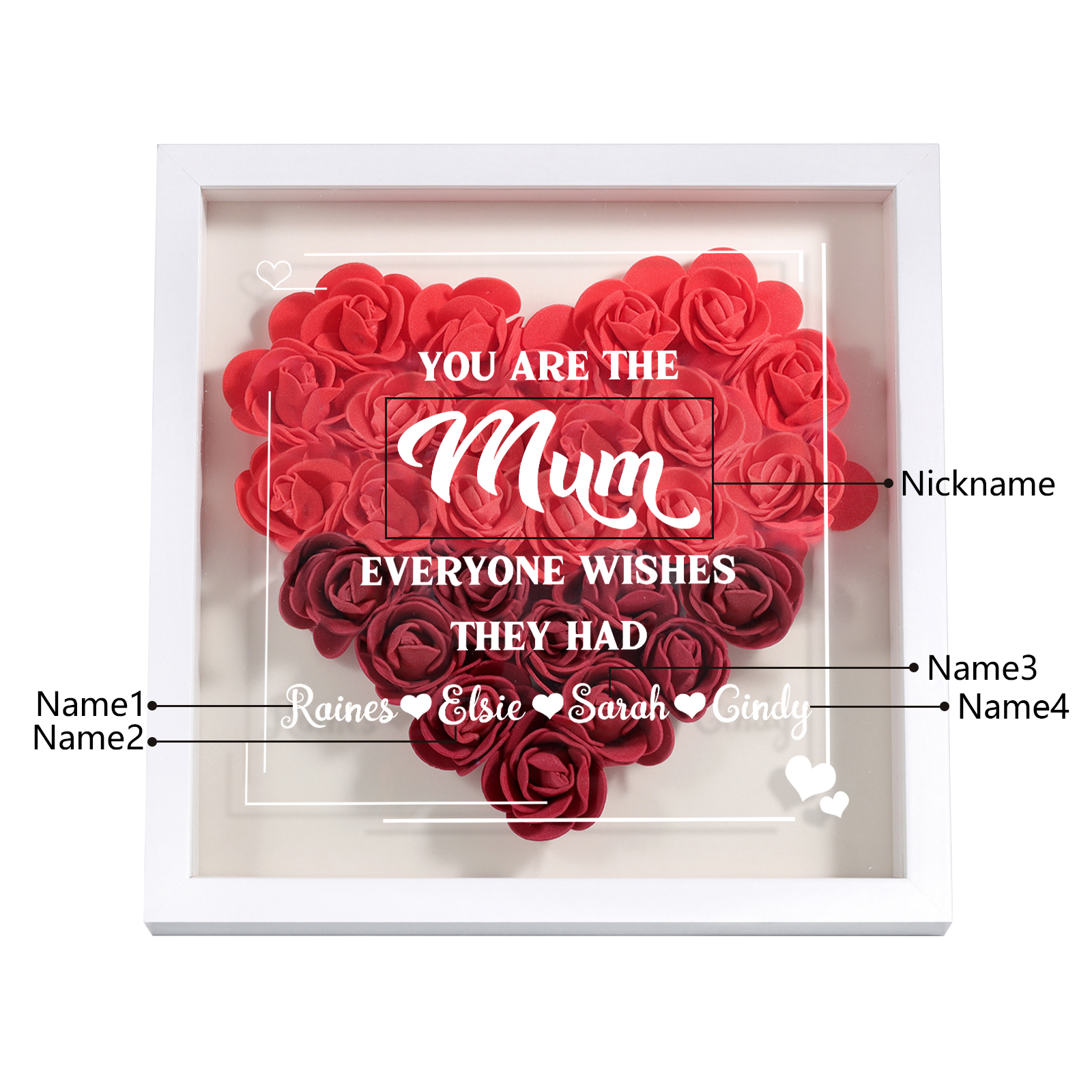 Personalised 1 Nickname Flower Shadow Box Custom with 4 Names Heart Rose Frame Deco 5 Colors Gift for Grandma | Jessemade