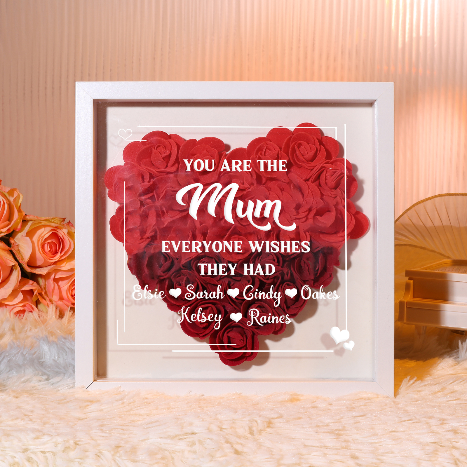 Personalised 1 Nickname Flower Shadow Box Custom with 6 Names Heart Rose Frame Deco 5 Colors Gift for Grandma | Jessemade