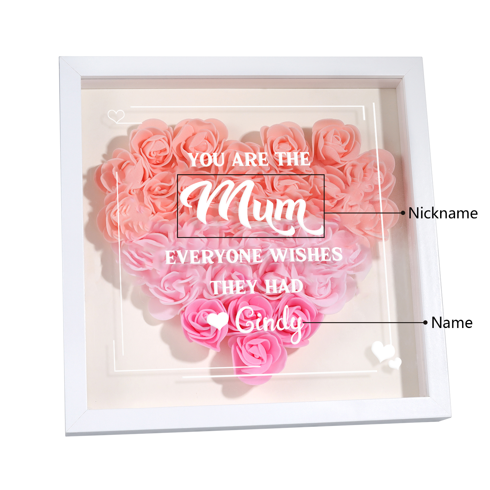 Personalised 1 Nickname Flower Shadow Box Custom with 1 Name Heart Rose Frame Deco 5 Colors Gift for Grandma | Jessemade