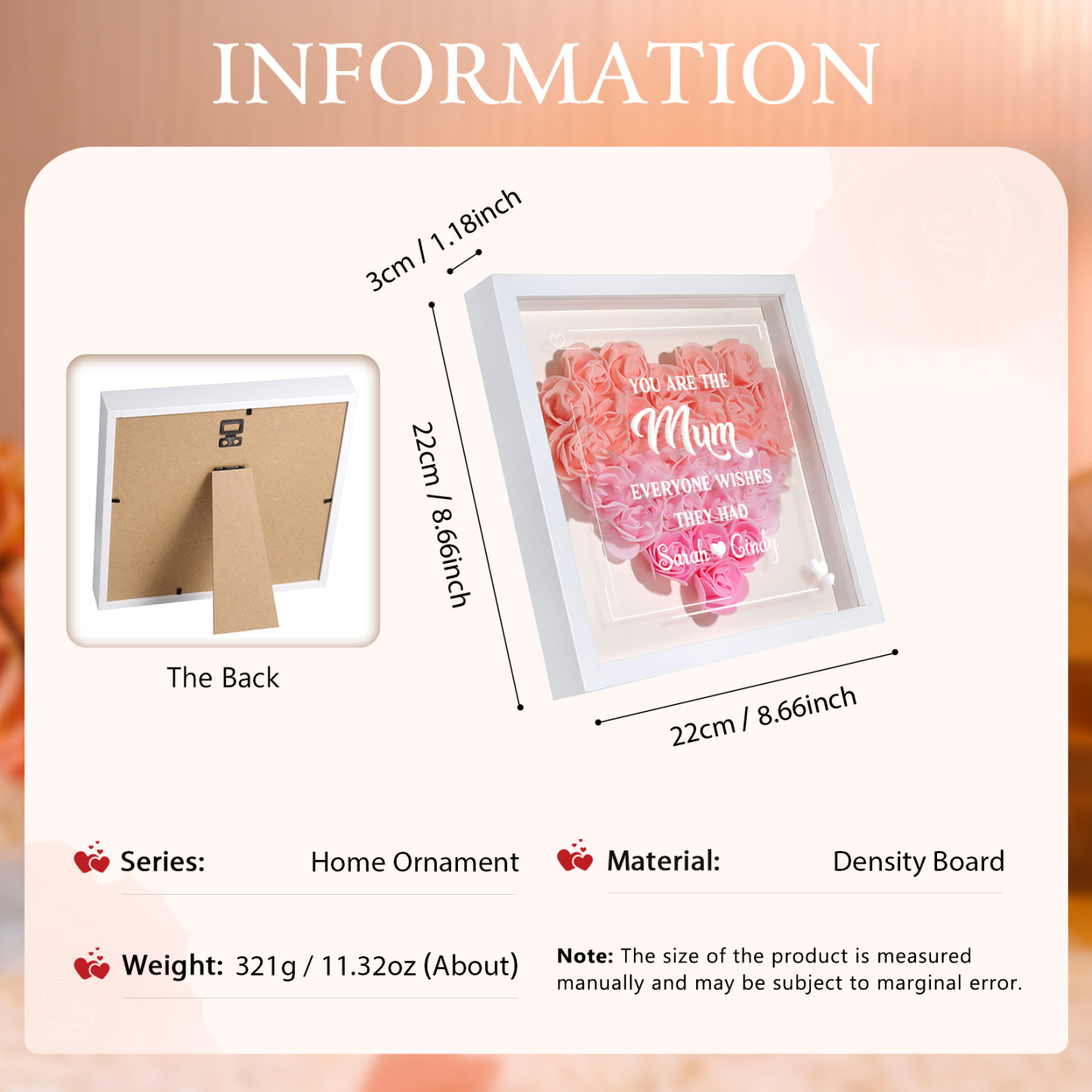 Personalised 1 Nickname Flower Shadow Box Custom with 2 Names Heart Rose Frame Deco 5 Colors Gift for Grandma | Jessemade