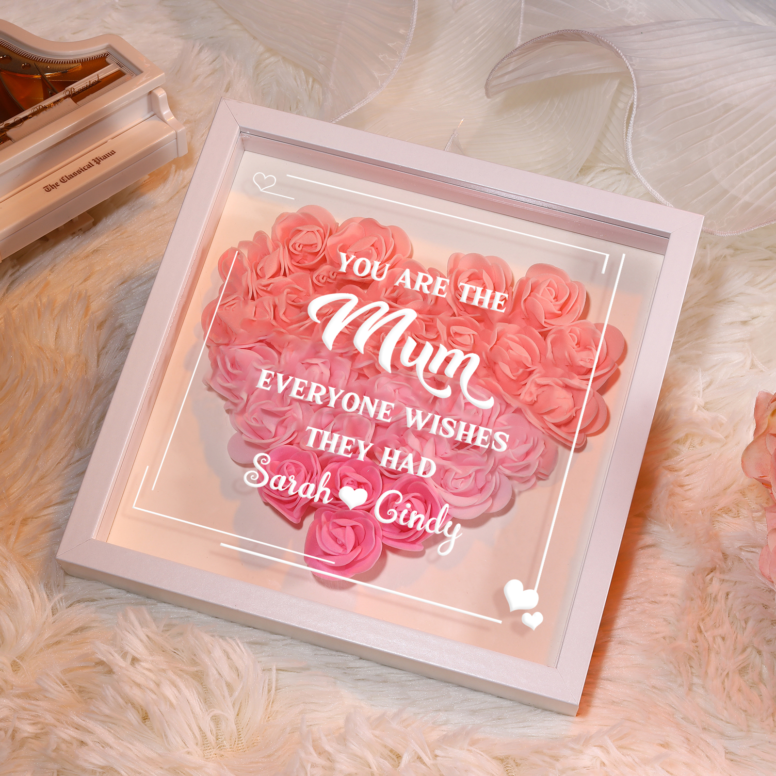 Personalised 1 Nickname Flower Shadow Box Custom with 2 Names Heart Rose Frame Deco 5 Colors Gift for Grandma | Jessemade