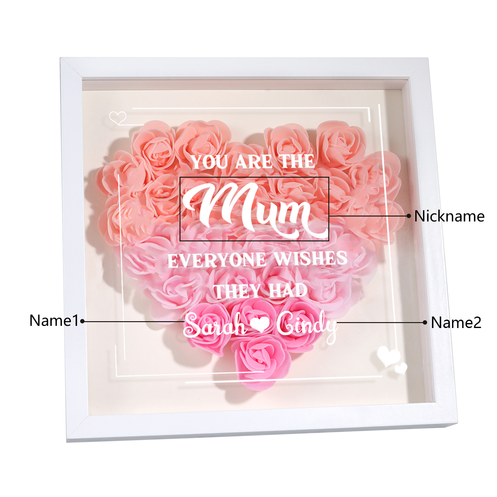 Personalised 1 Nickname Flower Shadow Box Custom with 2 Names Heart Rose Frame Deco 5 Colors Gift for Grandma | Jessemade