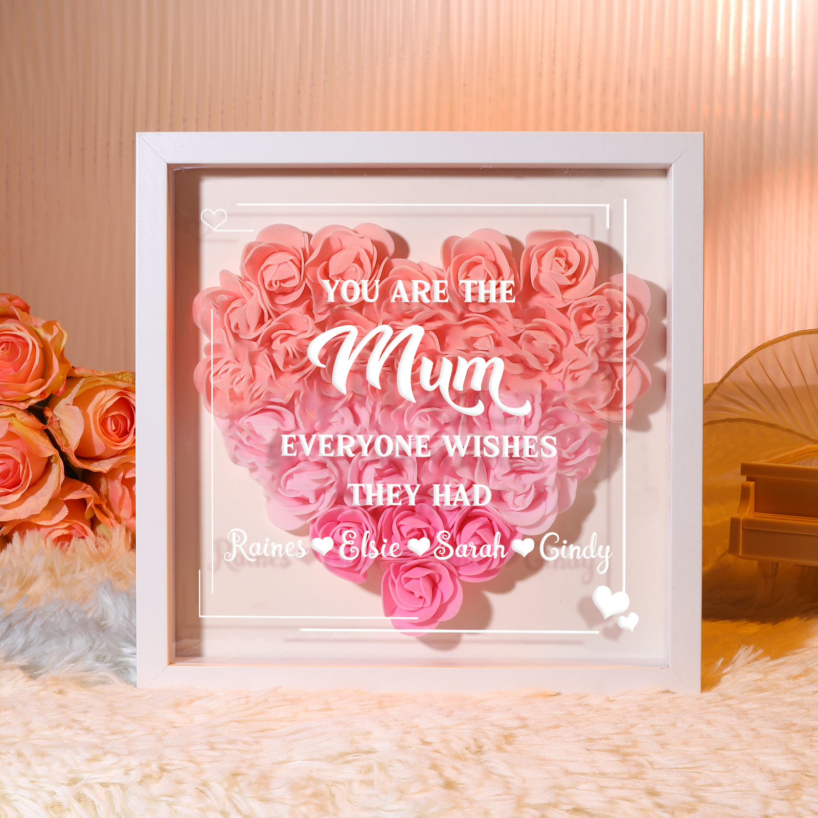 Personalised Rose Heart Shadow Box for Mum – Custom Floral Gift with Names, 5 Colours Available | Jessemade