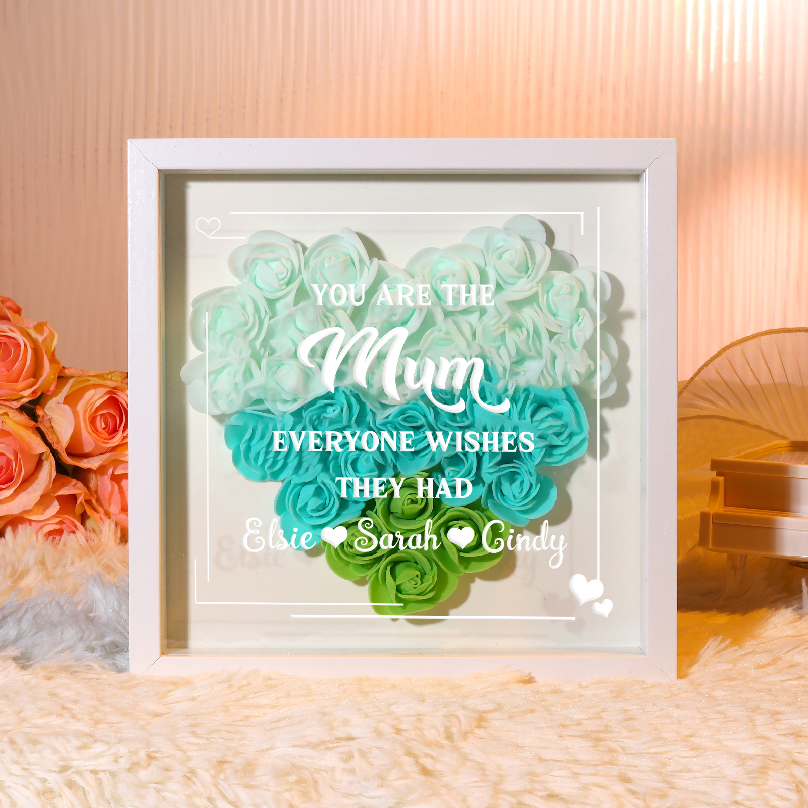 Personalised Rose Heart Shadow Box Gift for Mum – Custom Floral Frame with Names | Jessemade