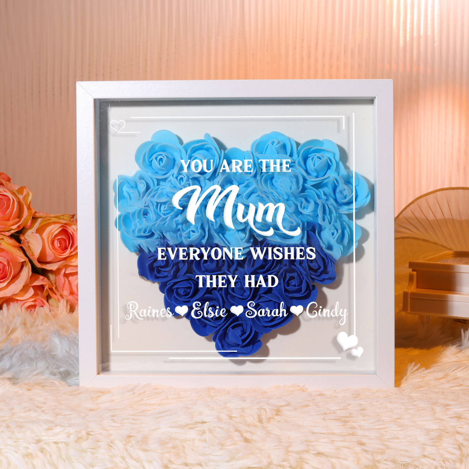 Personalised Rose Heart Shadow Box for Mum – Custom Floral Gift with Names, 5 Colours Available | Jessemade