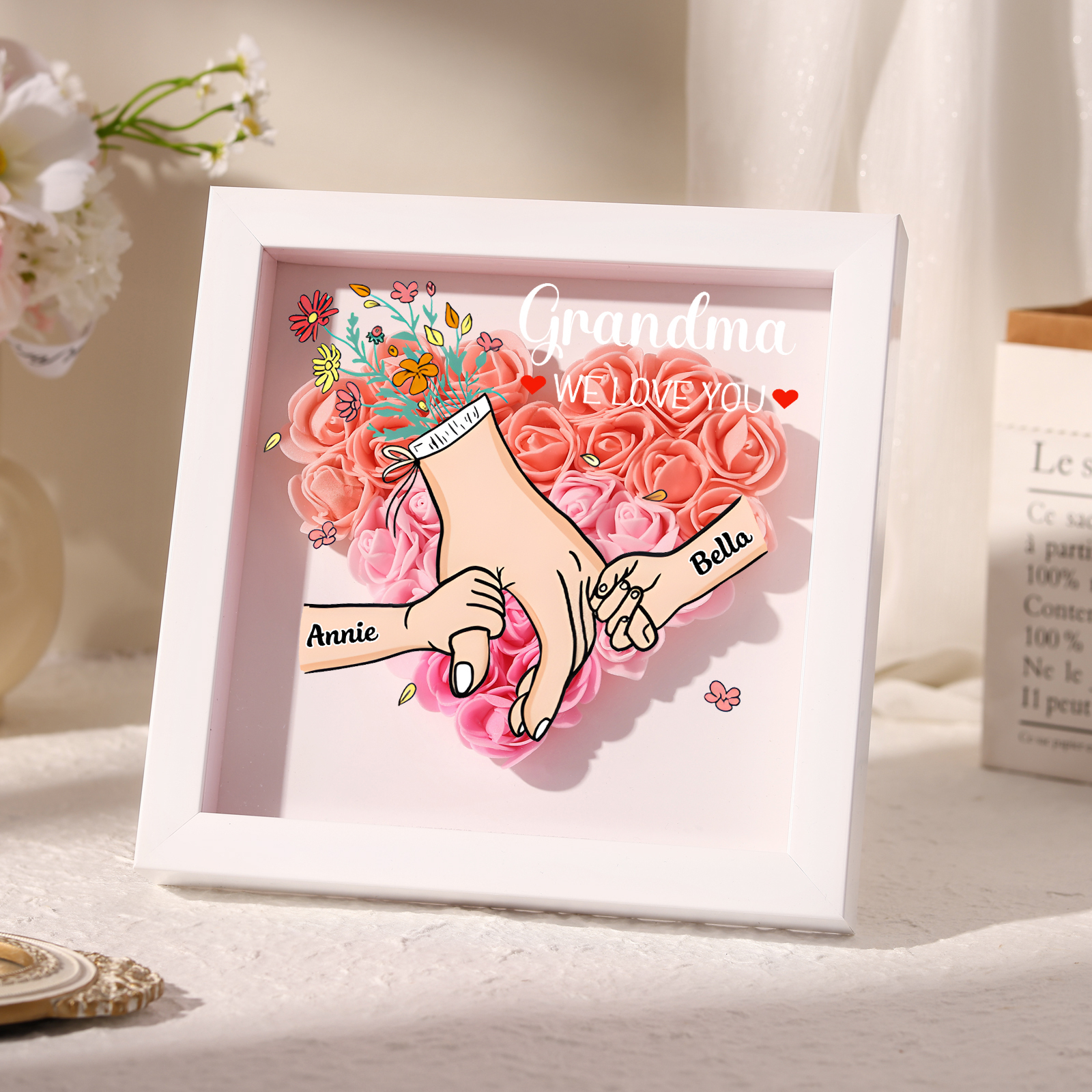 Personalised Flower Shadow Box Custom 2-6 Names & 1 Text Heart Rose Frame Deco 5 Colors Gift for Grandma | Jessemade