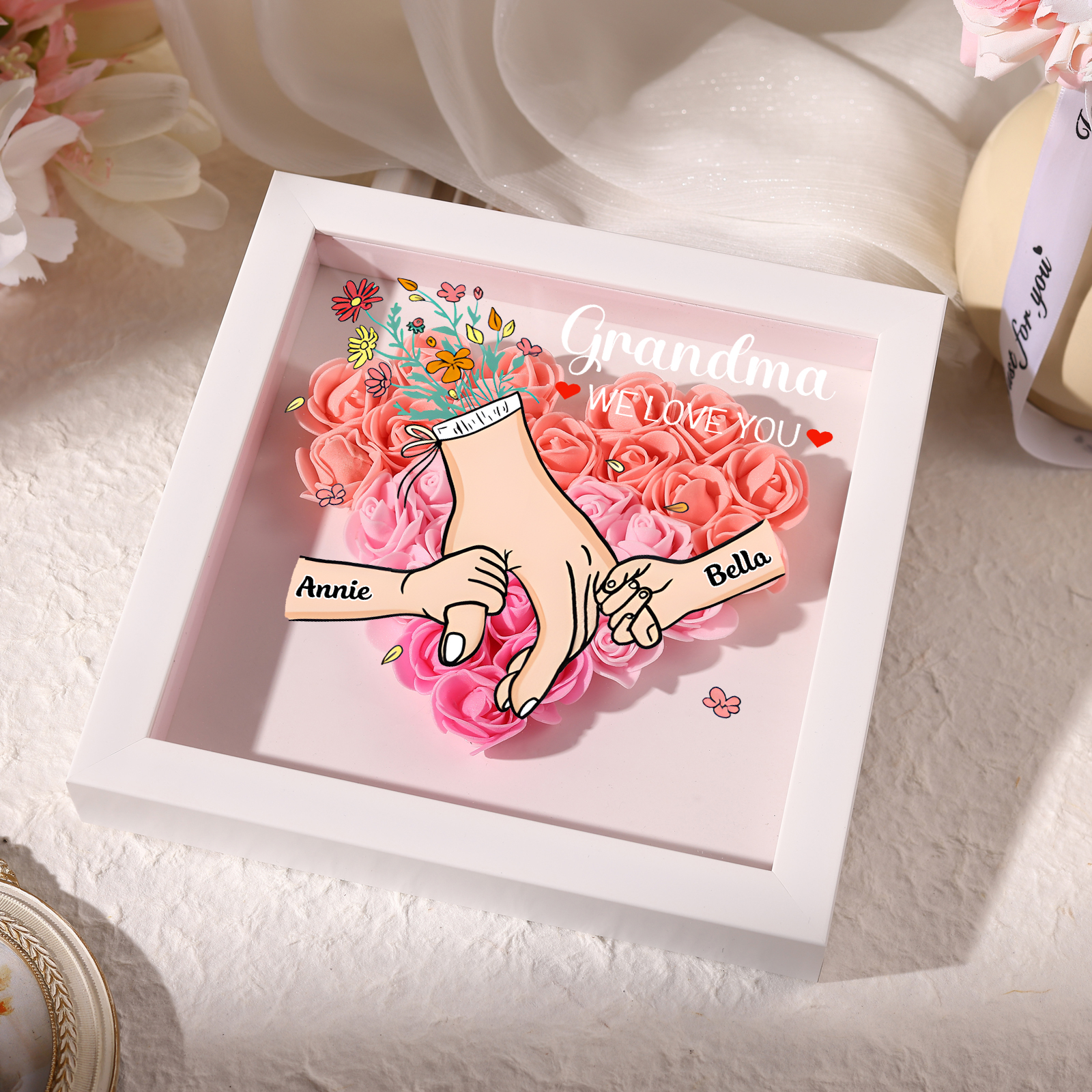 Personalised Flower Shadow Box Custom 2-6 Names & 1 Text Heart Rose Frame Deco 5 Colors Gift for Grandma | Jessemade