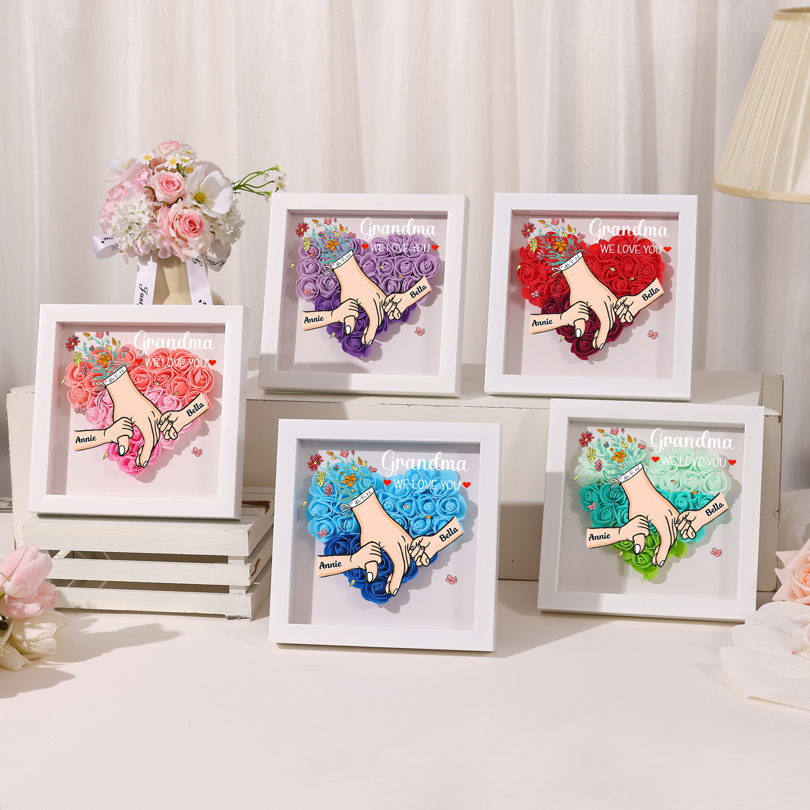 Personalised Flower Shadow Box Custom 2-6 Names & 1 Text Heart Rose Frame Deco 5 Colors Gift for Grandma | Jessemade
