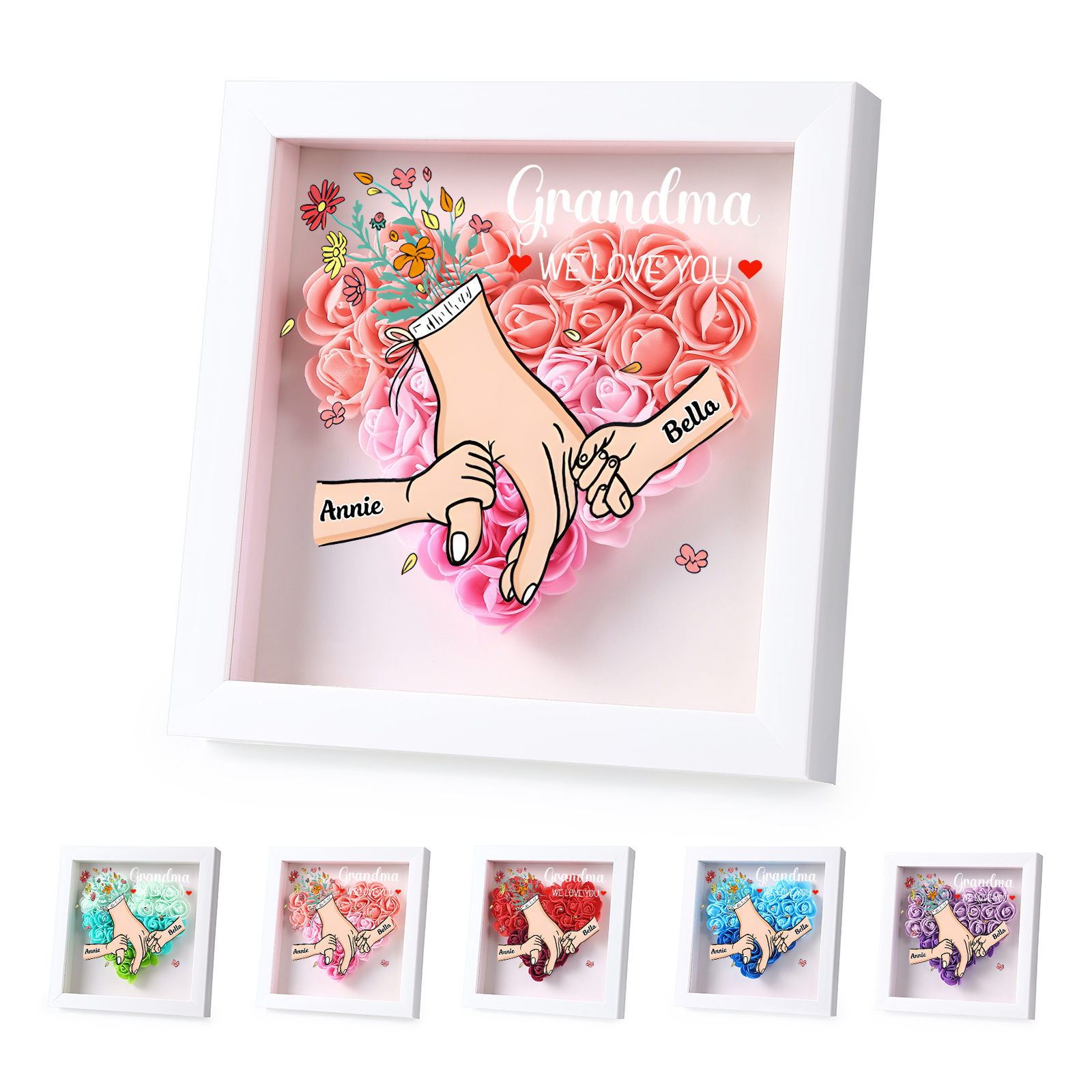 Personalised Flower Shadow Box Custom 2-6 Names & 1 Text Heart Rose Frame Deco 5 Colors Gift for Grandma | Jessemade