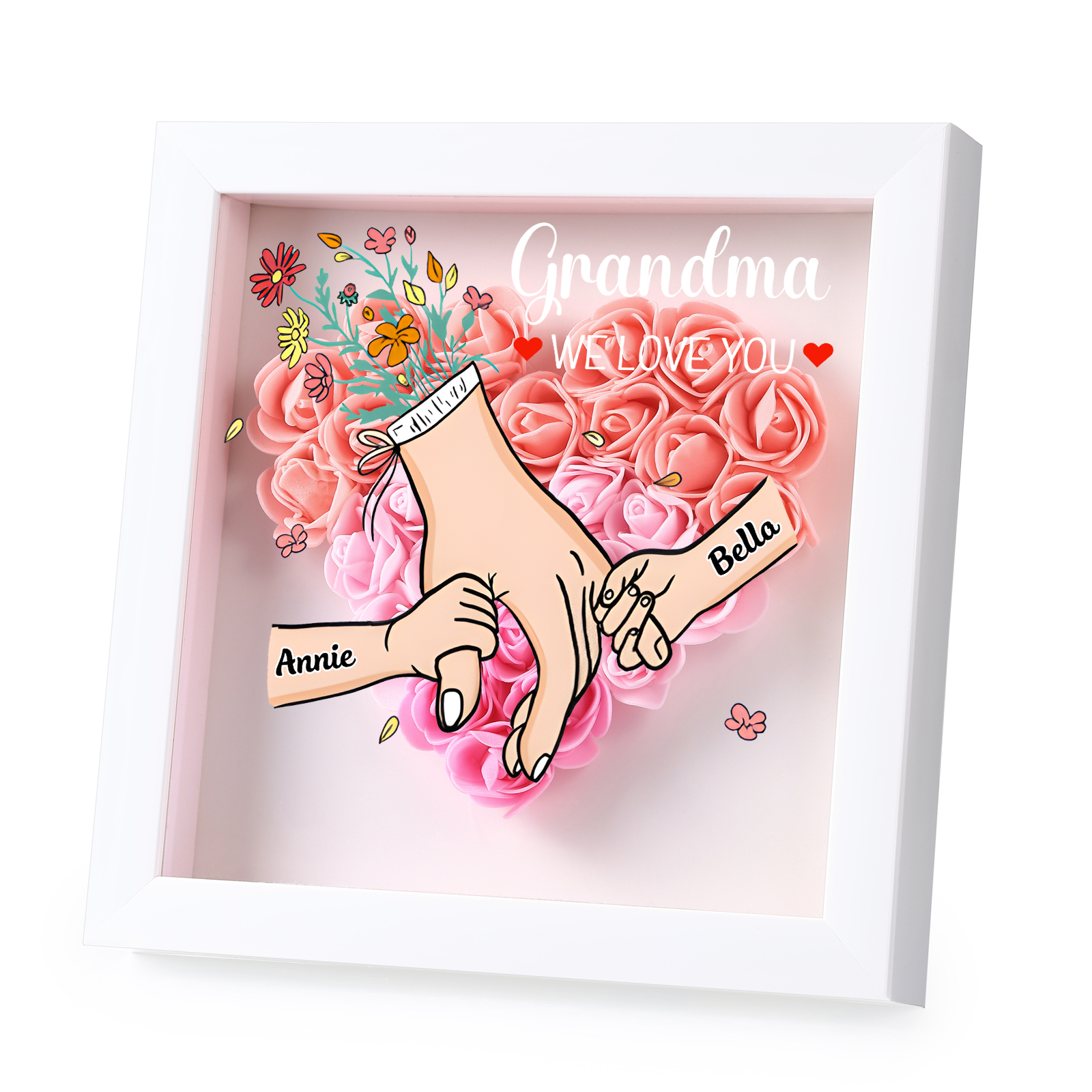 Personalised Flower Shadow Box Custom 2-6 Names & 1 Text Heart Rose Frame Deco 5 Colors Gift for Grandma | Jessemade