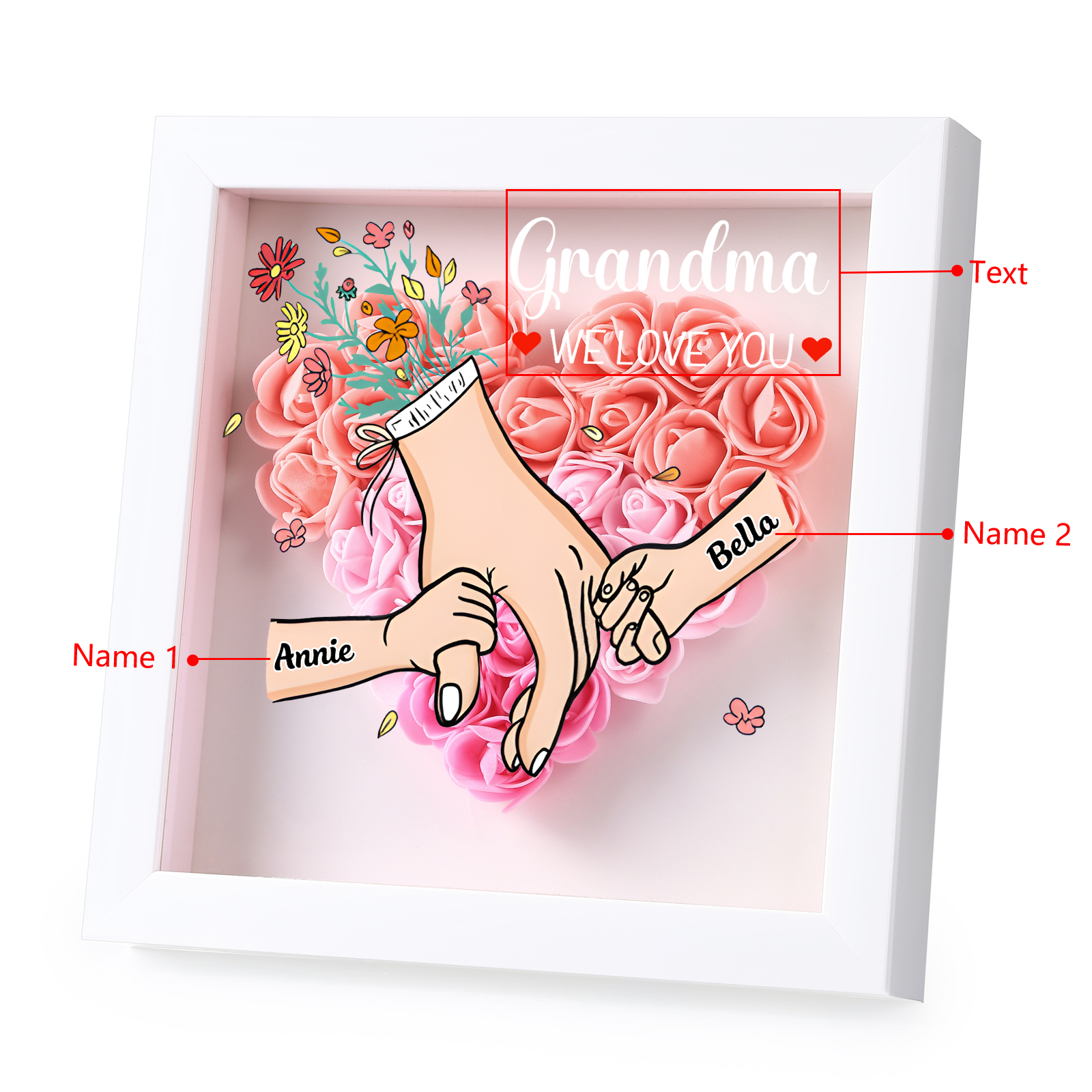 Personalised Flower Shadow Box Custom 2-6 Names & 1 Text Heart Rose Frame Deco 5 Colors Gift for Grandma | Jessemade