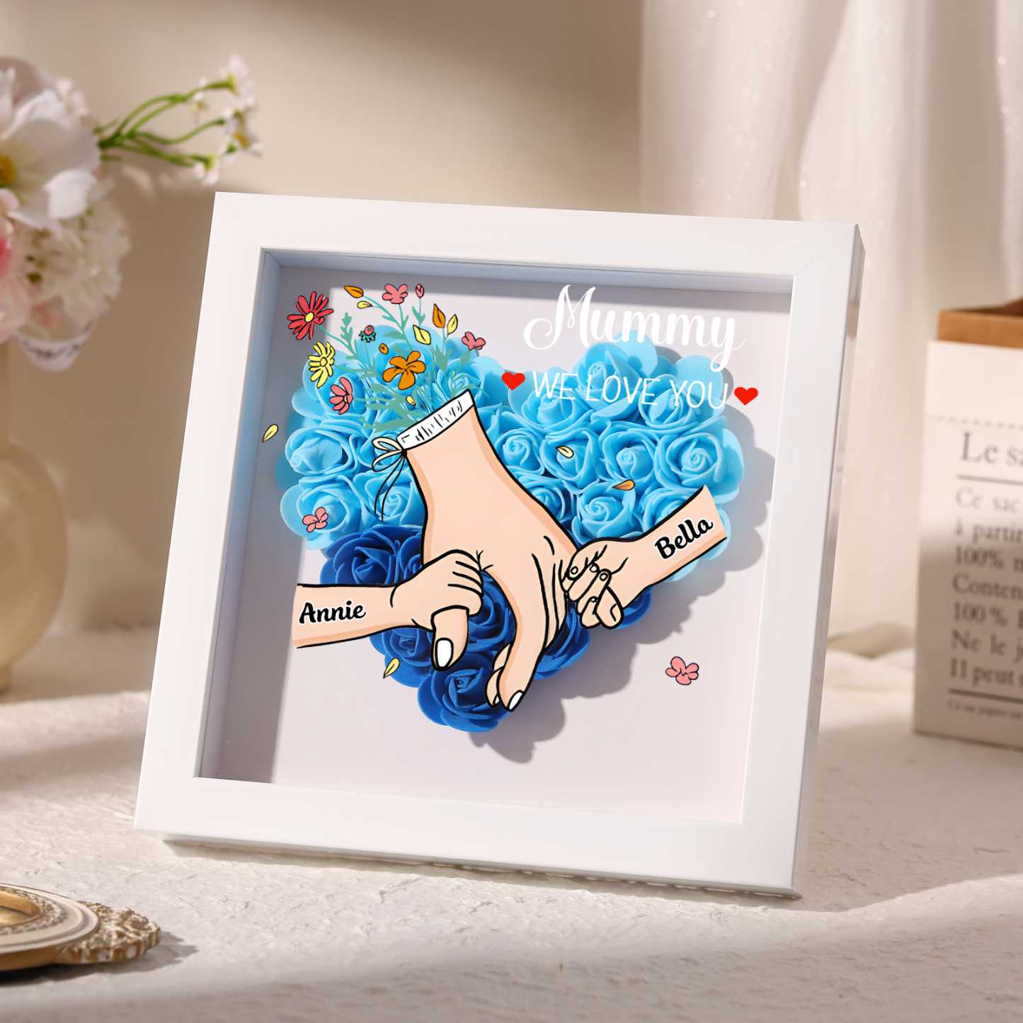 Personalised Flower Shadow Box Custom 2-6 Names & 1 Text Heart Rose Frame Deco 5 Colors Gift for Grandma | Jessemade