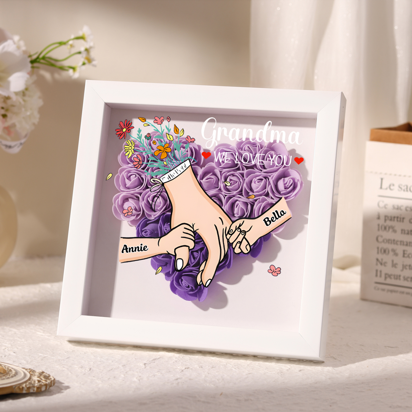 Personalised Flower Shadow Box Custom 2-6 Names & 1 Text Heart Rose Frame Deco 5 Colors Gift for Grandma | Jessemade