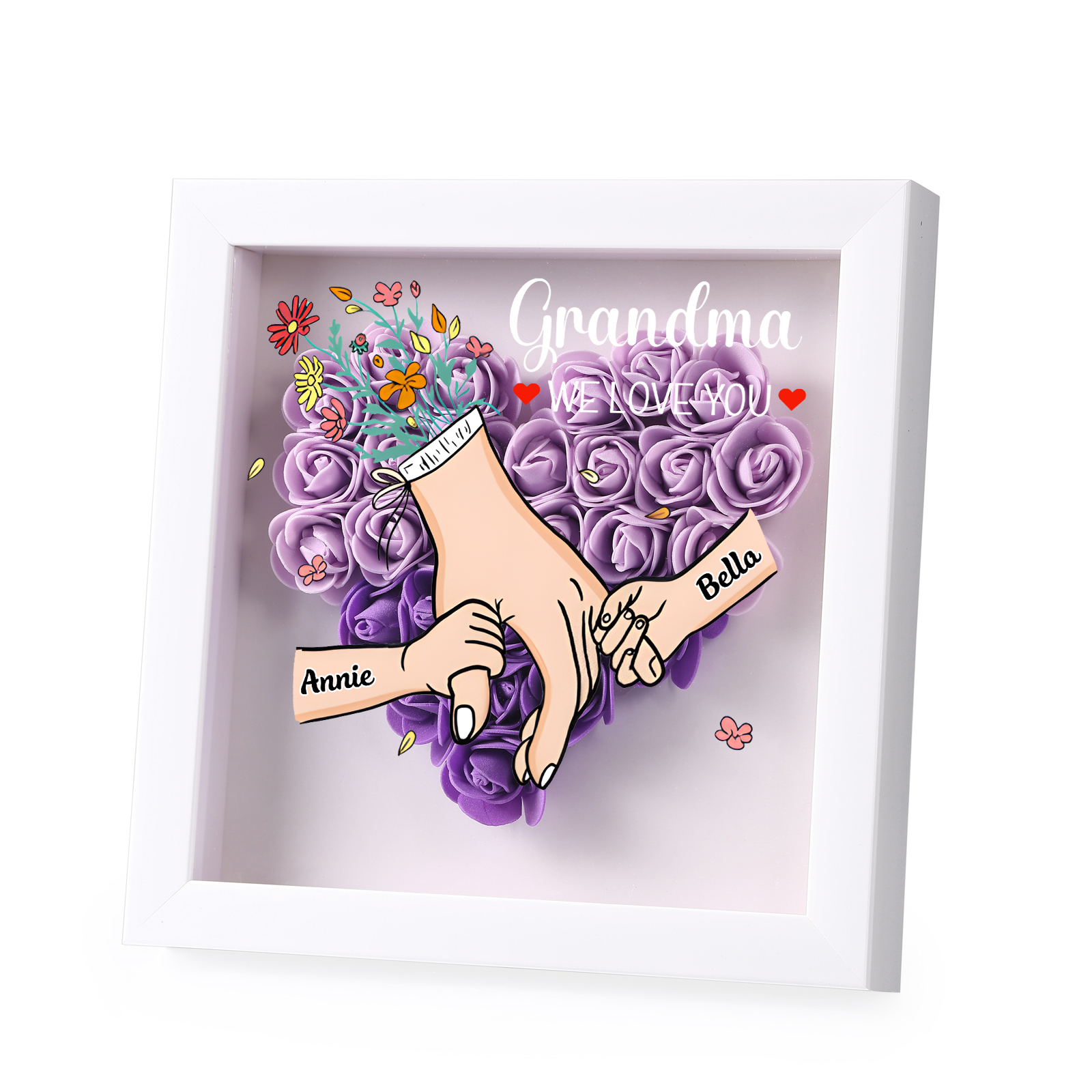 Personalised Flower Shadow Box Custom 2-6 Names & 1 Text Heart Rose Frame Deco 5 Colors Gift for Grandma | Jessemade
