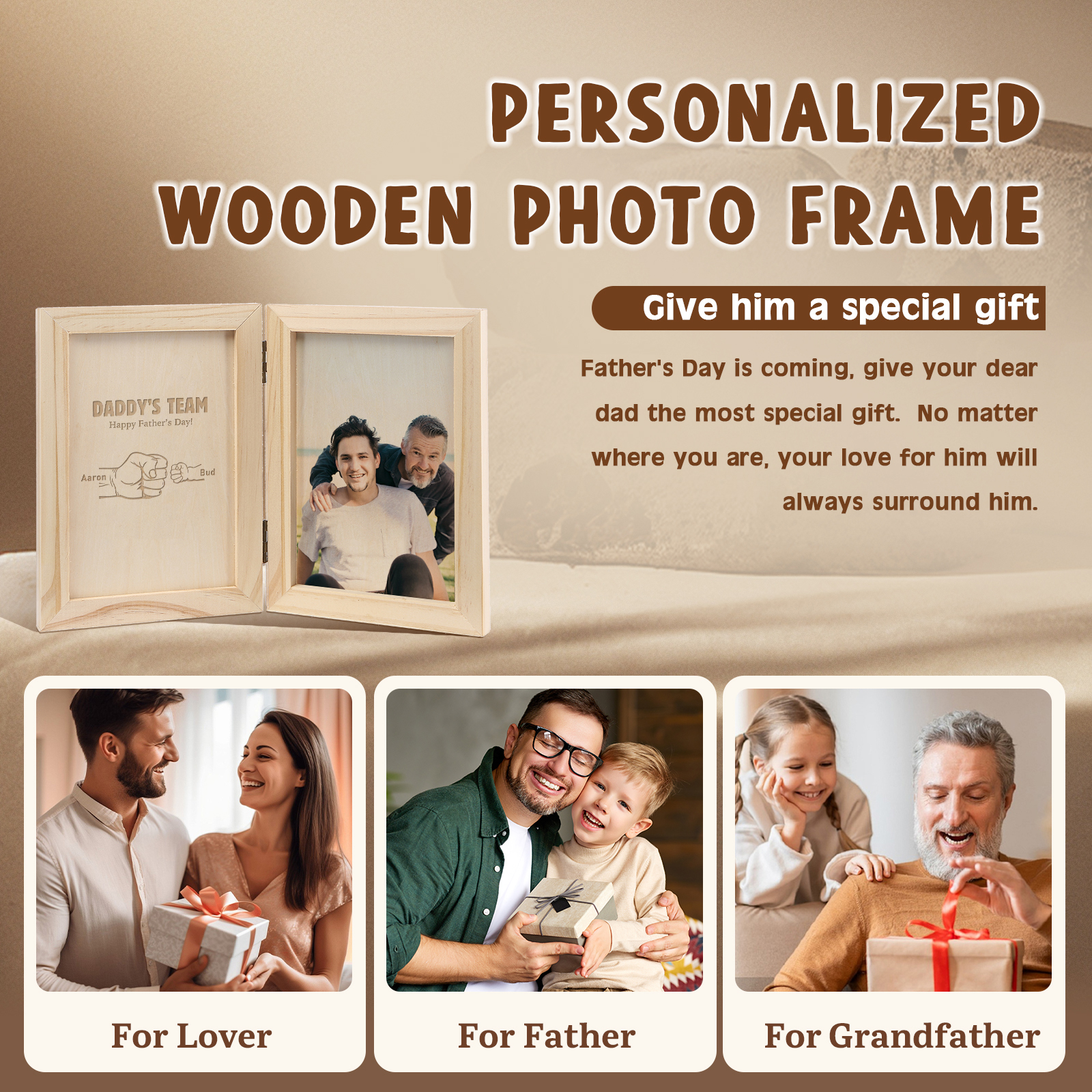 2 Names Personalised Wooden Frame with Photo and Date - Father’s Day Gift | Jessemade