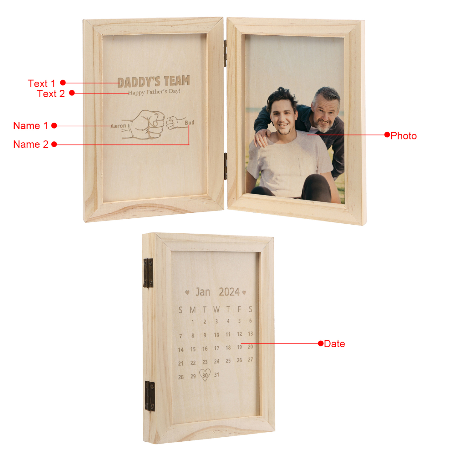2 Names Personalised Wooden Frame with Photo and Date - Father’s Day Gift | Jessemade