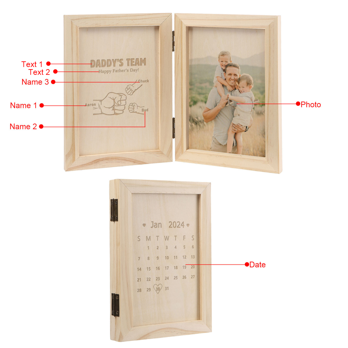 3 Names Personalised Wooden Frame with Photo and Date - Father’s Day Gift | Jessemade