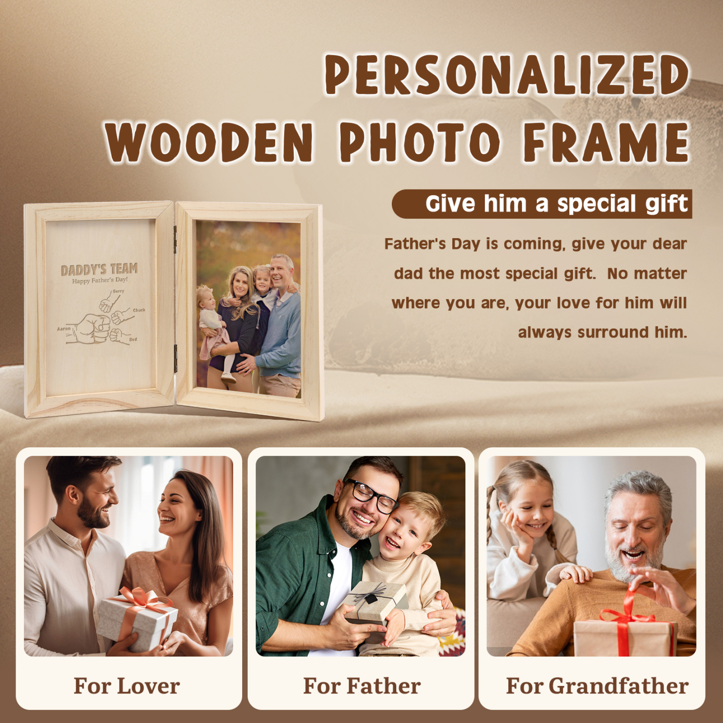 4 Names Personalised Wooden Frame with Photo and Date - Father’s Day Gift | Jessemade