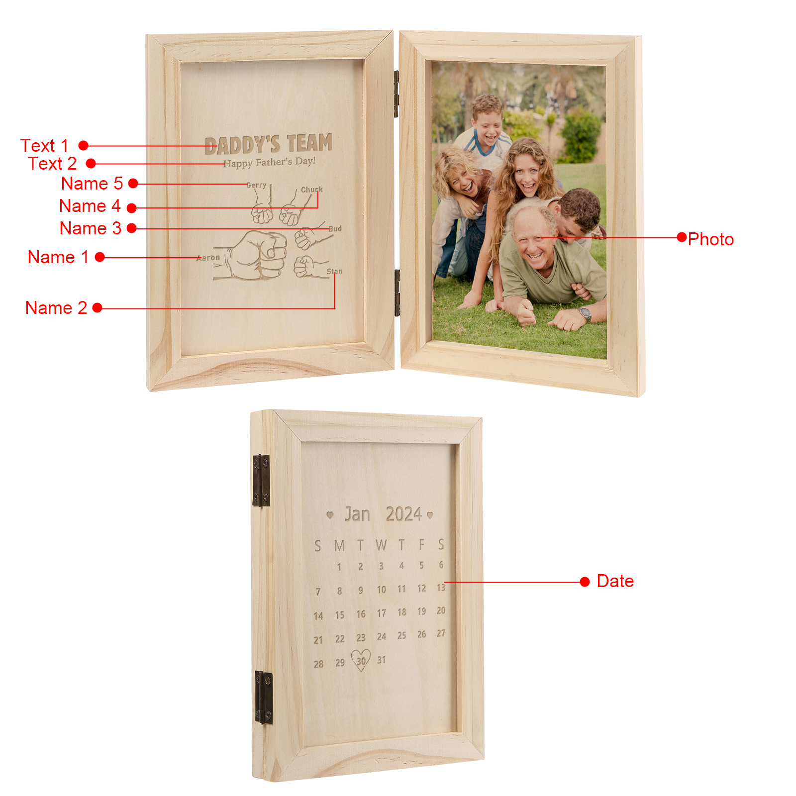 5 Names Personalised Wooden Frame with Photo and Date - Father’s Day Gift | Jessemade