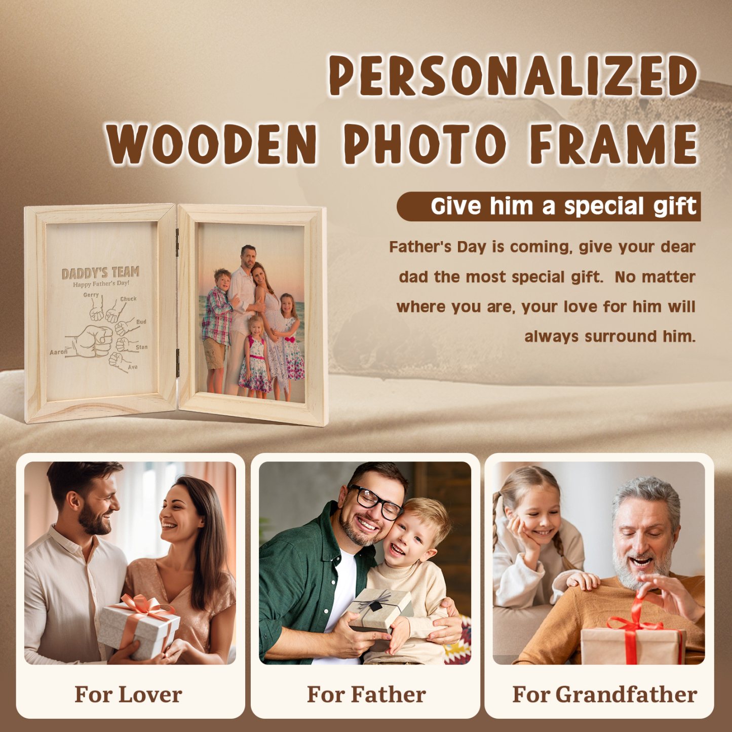 6 Names Personalised Wooden Frame with Photo and Date - Father’s Day Gift | Jessemade
