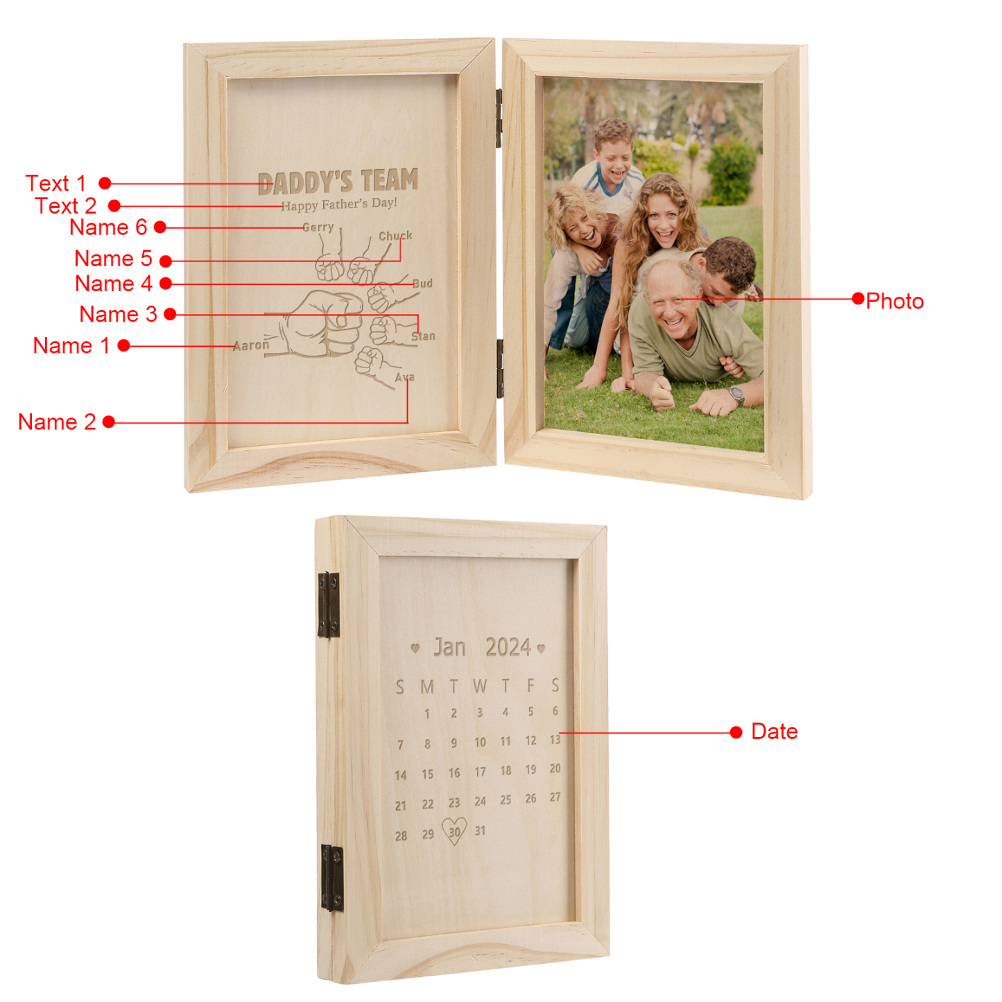 6 Names Personalised Wooden Frame with Photo and Date - Father’s Day Gift | Jessemade