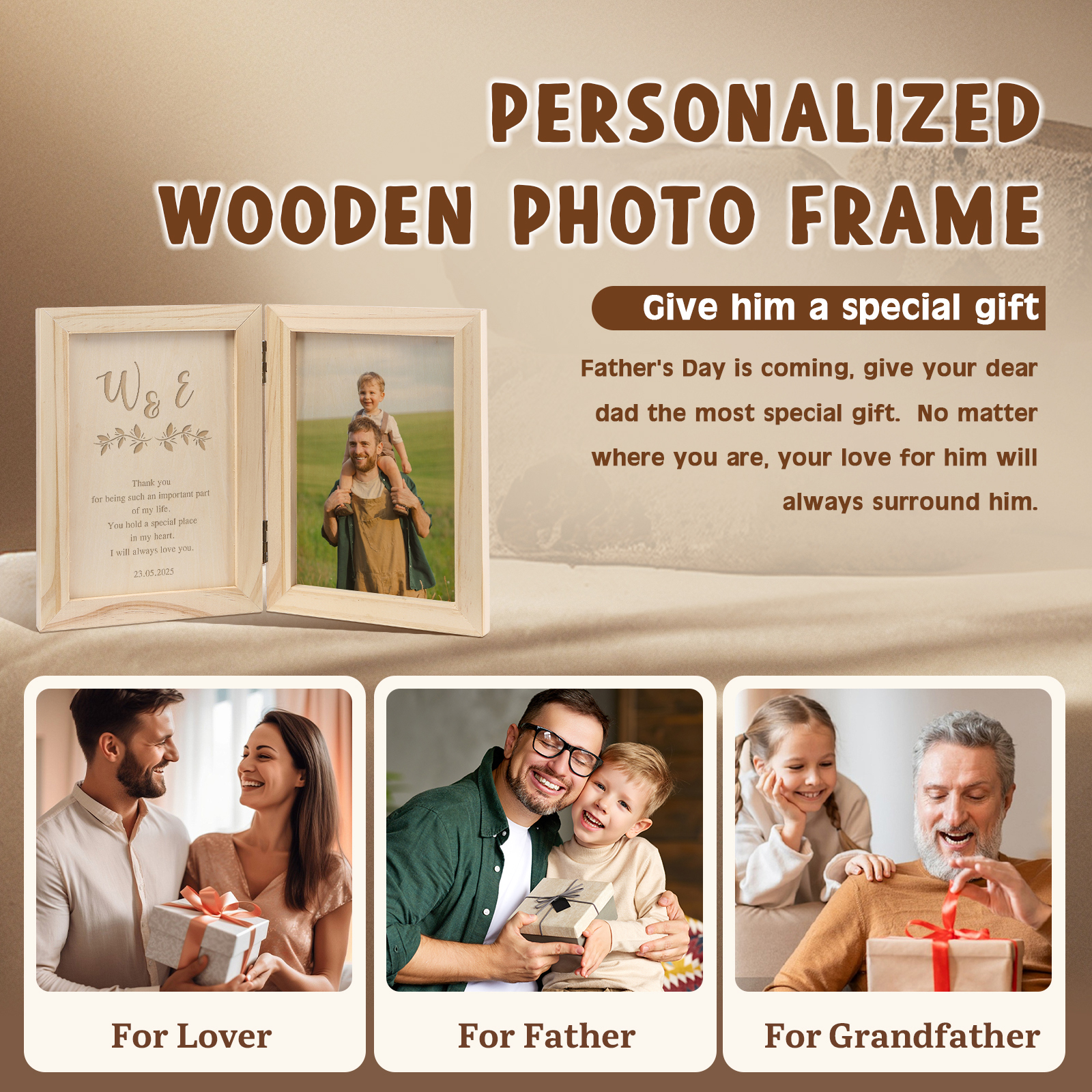1 Name Personalised Wooden Frame with Photo, Initials & Text - Father’s Day Gift | Jessemade