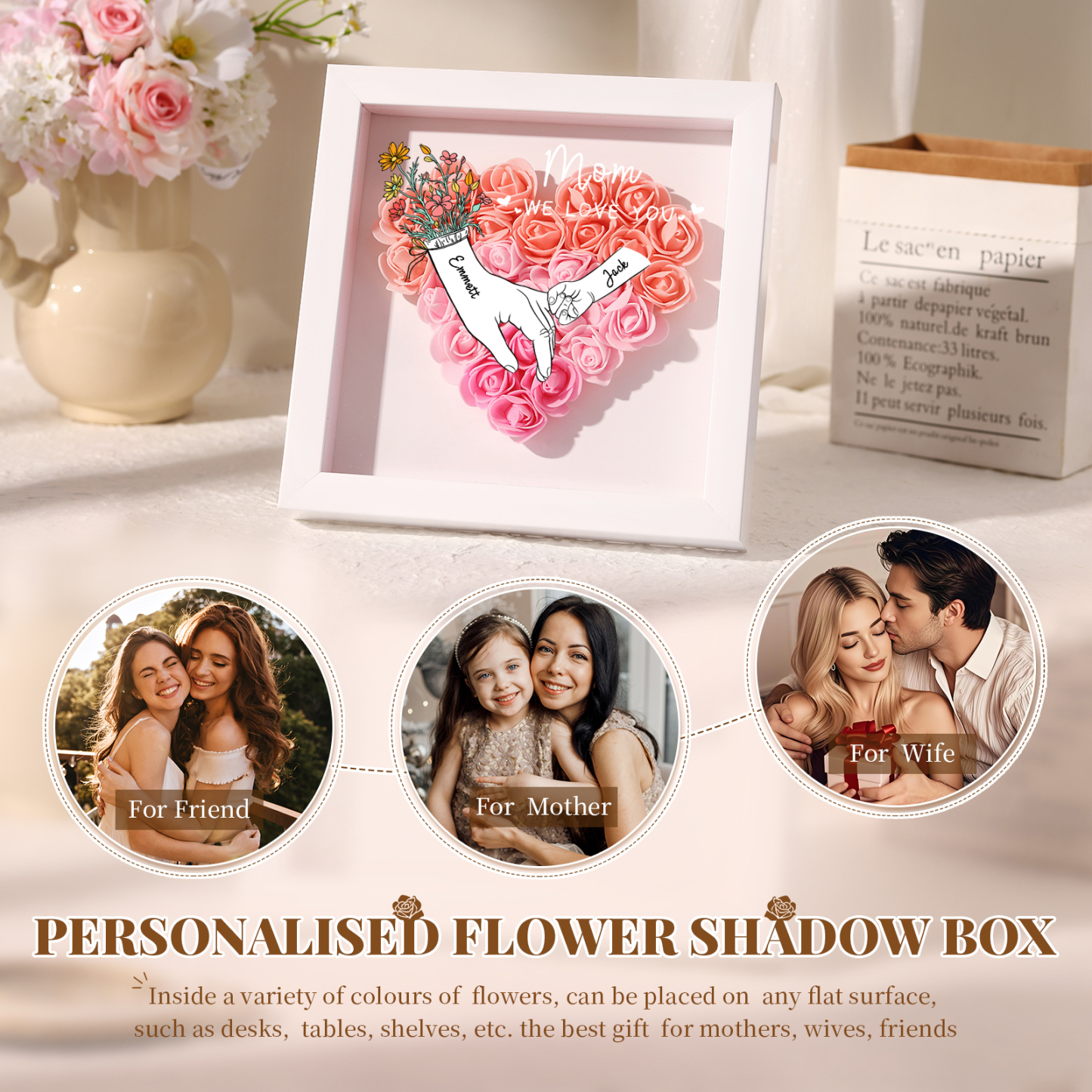2 Names & 2 Texts Personalised Rose Flower Frame – A Thoughtful Gift for Mum, Wife or Friend