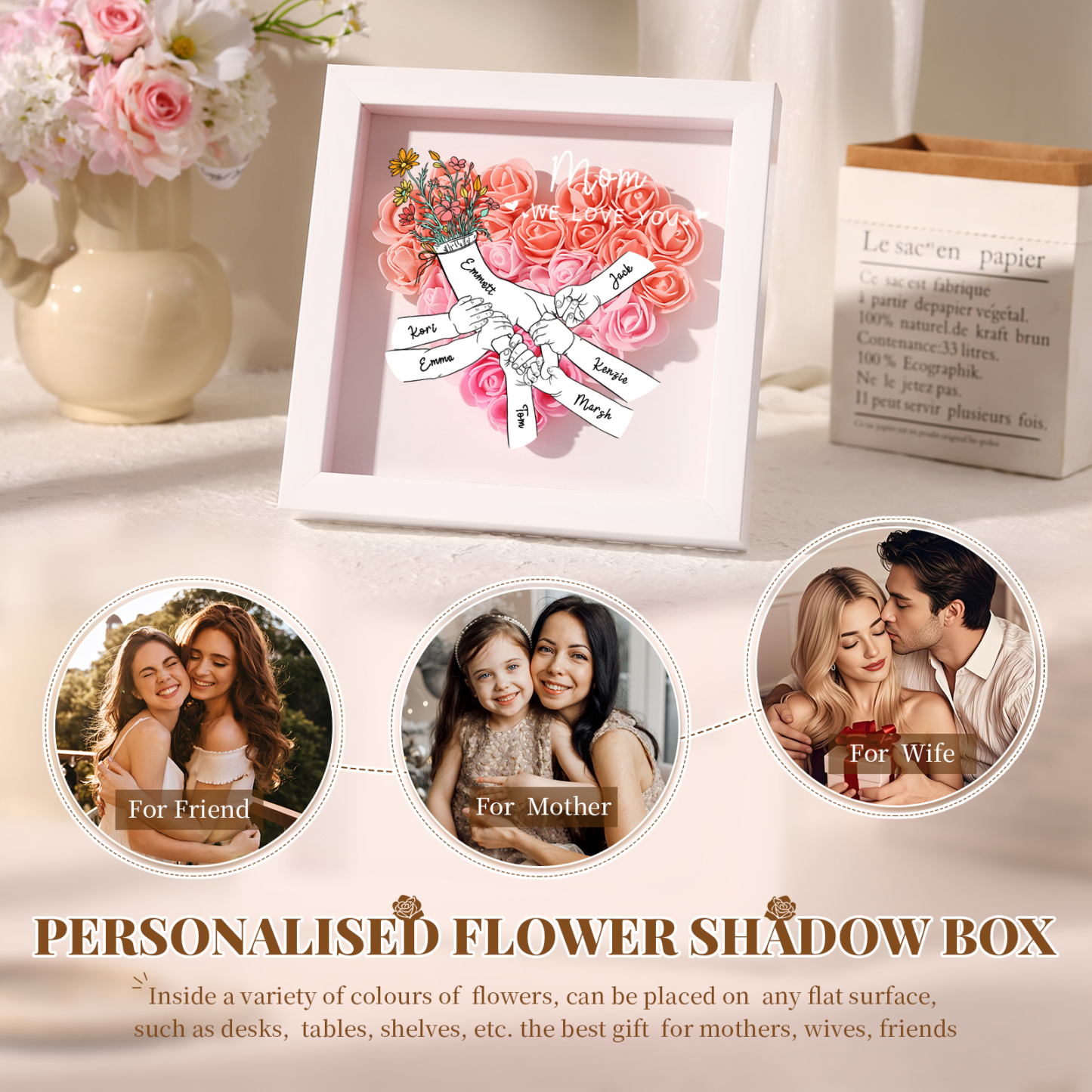 7 Names & 2 Texts Personalised Rose Flower Frame – A Thoughtful Gift for Mum, Wife or Friend | Jessemade