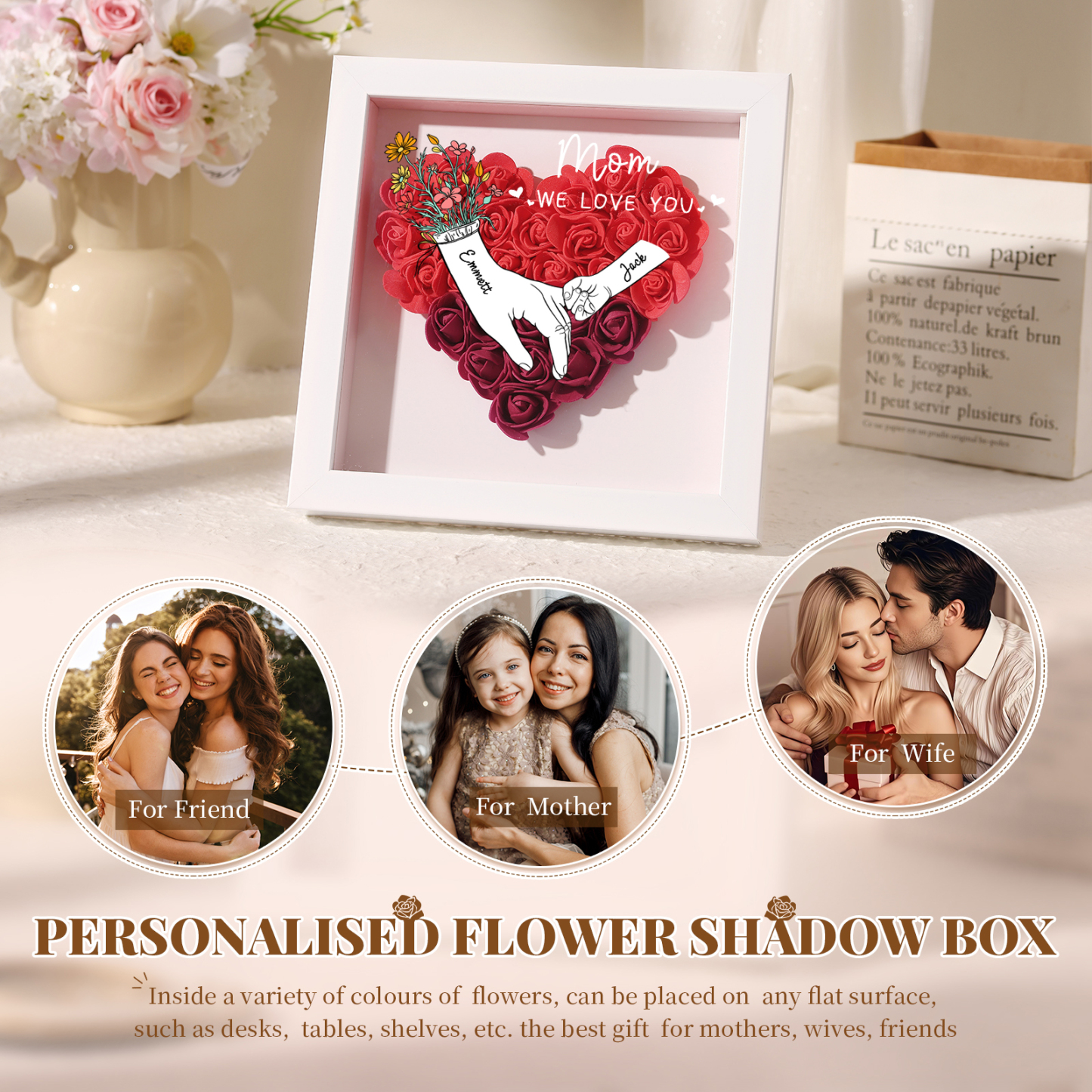 2 Names & 2 Texts Personalised Rose Flower Frame – A Thoughtful Gift for Mum, Wife or Friend
