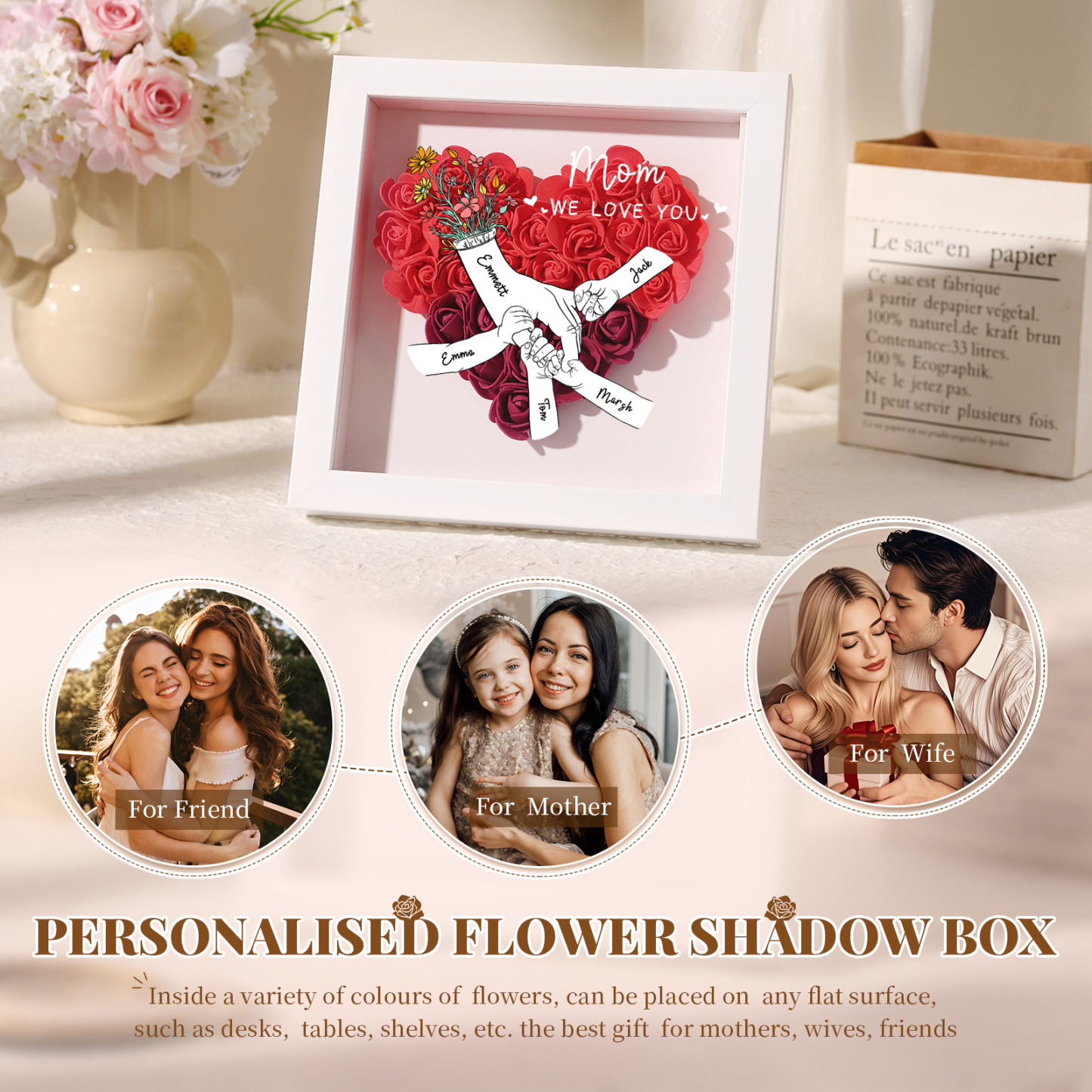 5 Names & 2 Texts Personalised Rose Flower Frame – A Thoughtful Gift for Mum, Wife or Friend | Jessemade