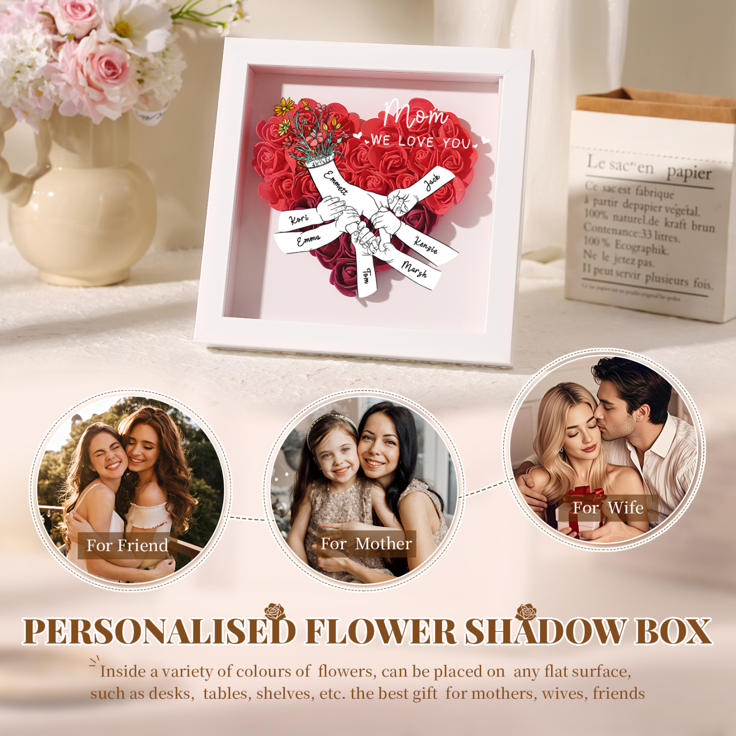 7 Names & 2 Texts Personalised Rose Flower Frame – A Thoughtful Gift for Mum, Wife or Friend | Jessemade