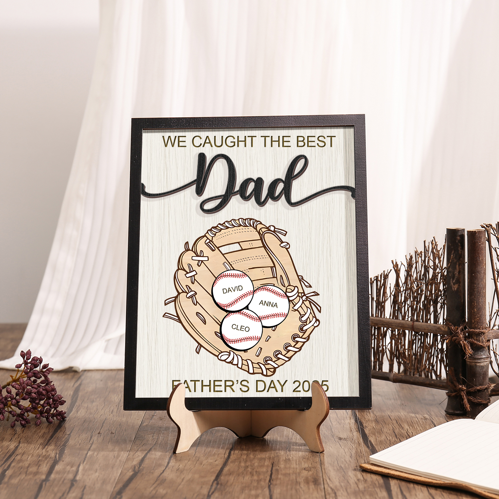 Personalised Wooden Plaque – “We Caught the Best Dad” Baseball Design 2 Texts & 3 Names | Jessemade