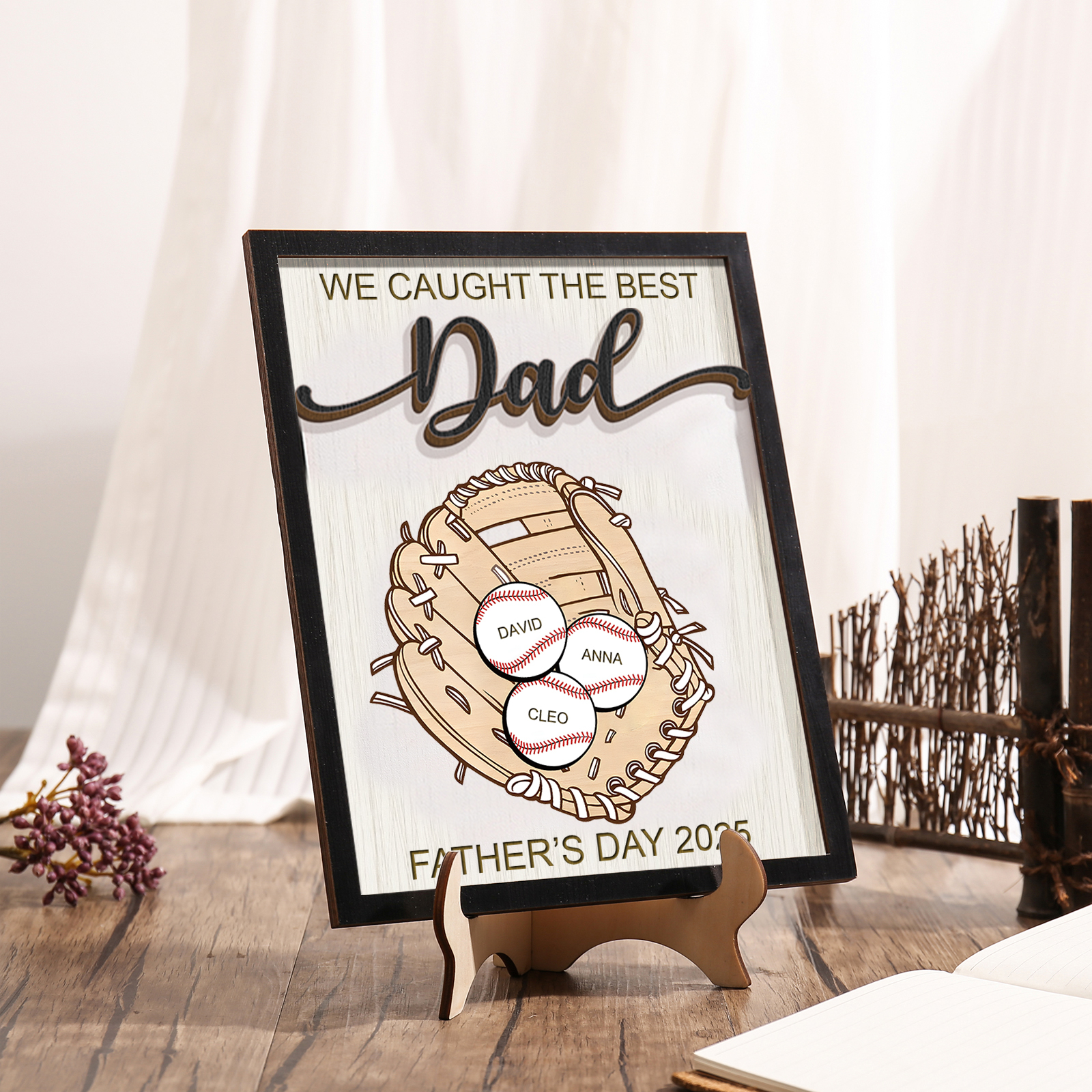 Personalised Wooden Plaque – “We Caught the Best Dad” Baseball Design 2 Texts & 3 Names | Jessemade