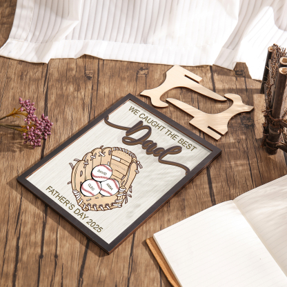 Personalised Wooden Plaque – “We Caught the Best Dad” Baseball Design 2 Texts & 3 Names | Jessemade
