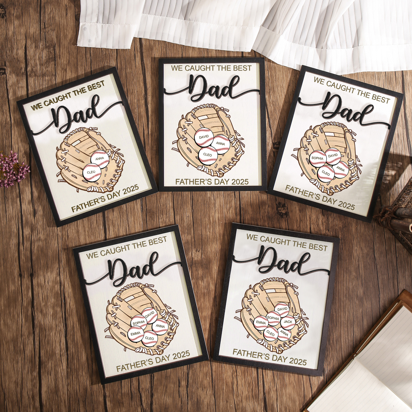 Personalised Wooden Plaque – “We Caught the Best Dad” Baseball Design 2 Texts & 3 Names | Jessemade