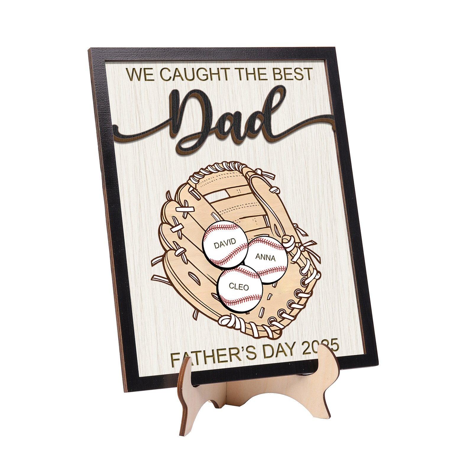 Personalised Wooden Plaque – “We Caught the Best Dad” Baseball Design 2 Texts & 3 Names | Jessemade