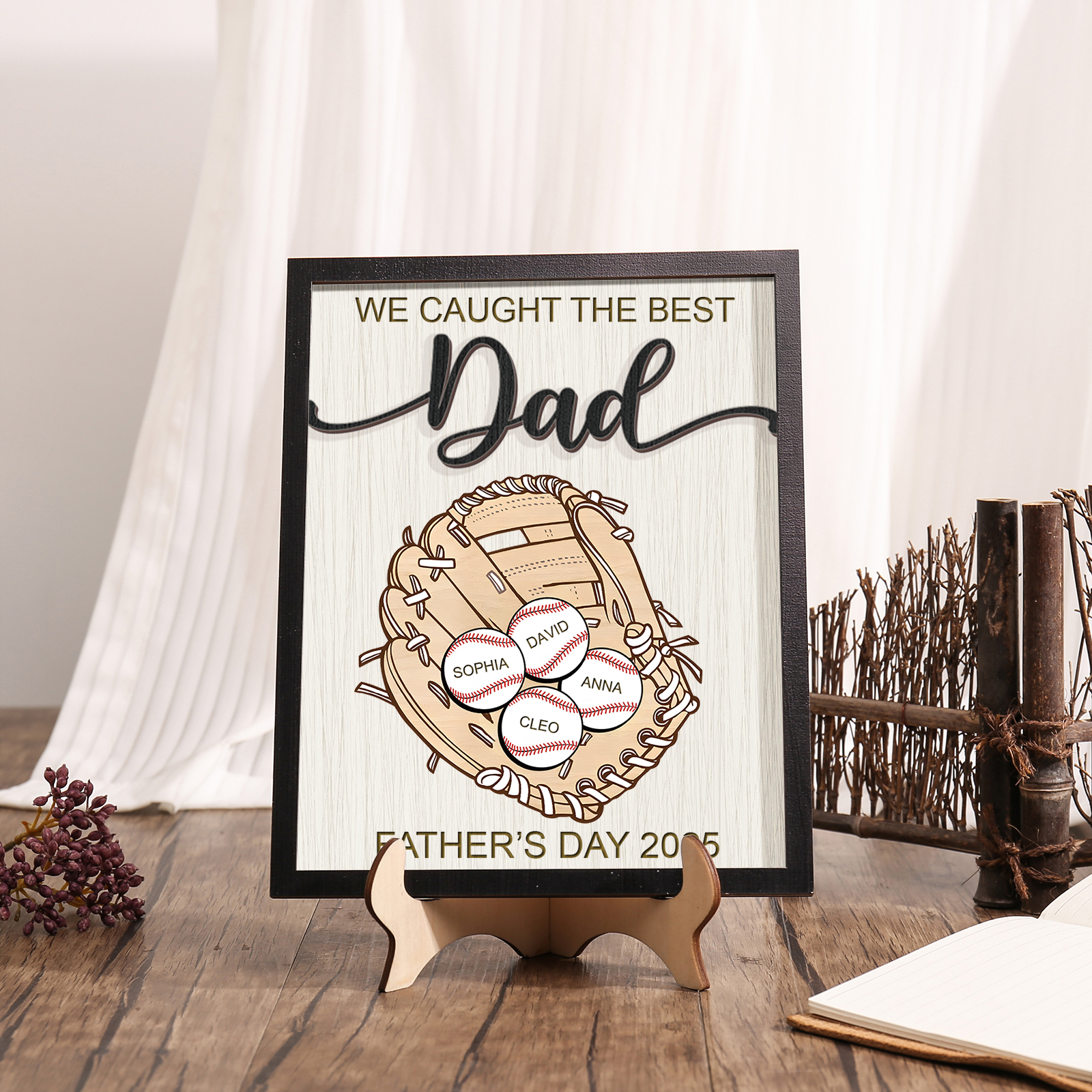 Personalised Wooden Plaque – “We Caught the Best Dad” Baseball Design 2 Texts & 4 Names | Jessemade