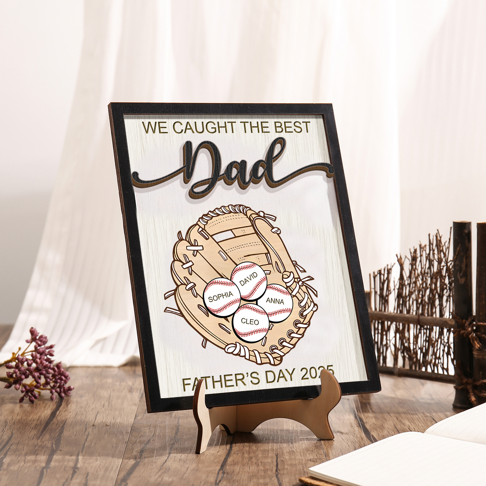 Personalised Wooden Plaque – “We Caught the Best Dad” Baseball Design 2 Texts & 4 Names | Jessemade