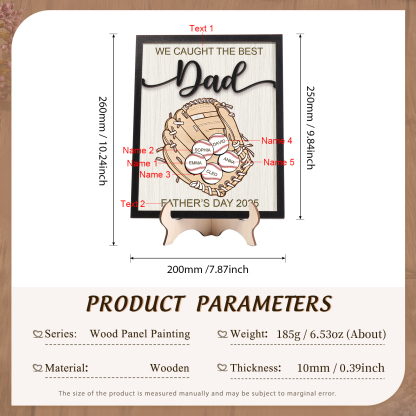 Personalised Wooden Plaque – “We Caught the Best Dad” Baseball Design 2 Texts & 5 Names | Jessemade