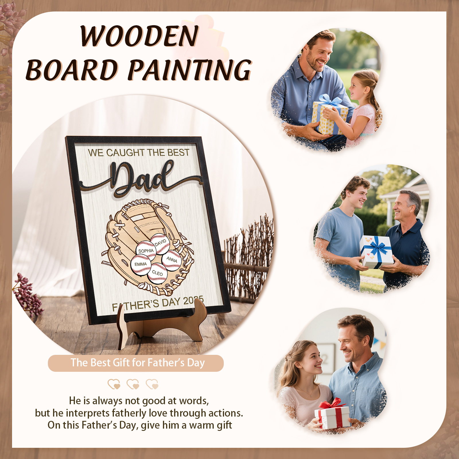 Personalised Wooden Plaque – “We Caught the Best Dad” Baseball Design 2 Texts & 5 Names | Jessemade