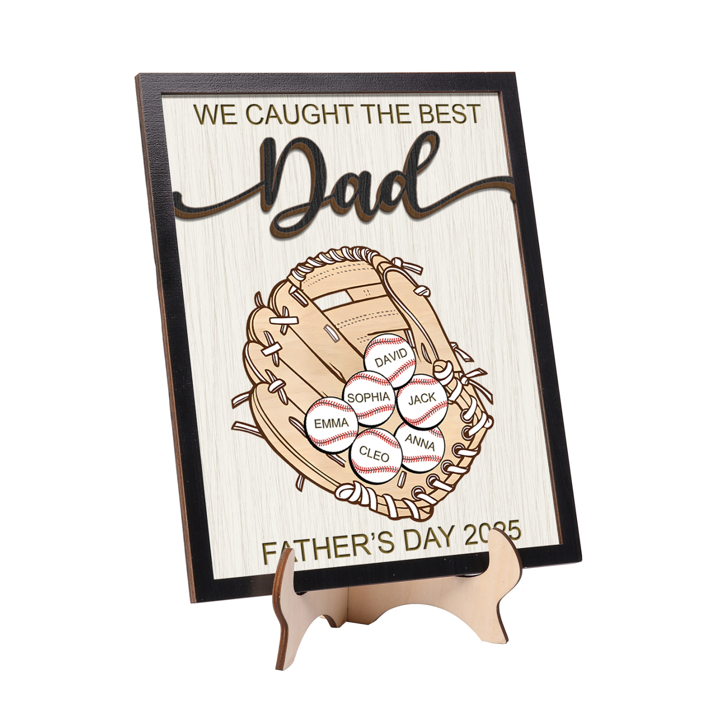 Personalised Wooden Plaque – “We Caught the Best Dad” Baseball Design 2 Texts & 6 Names | Jessemade