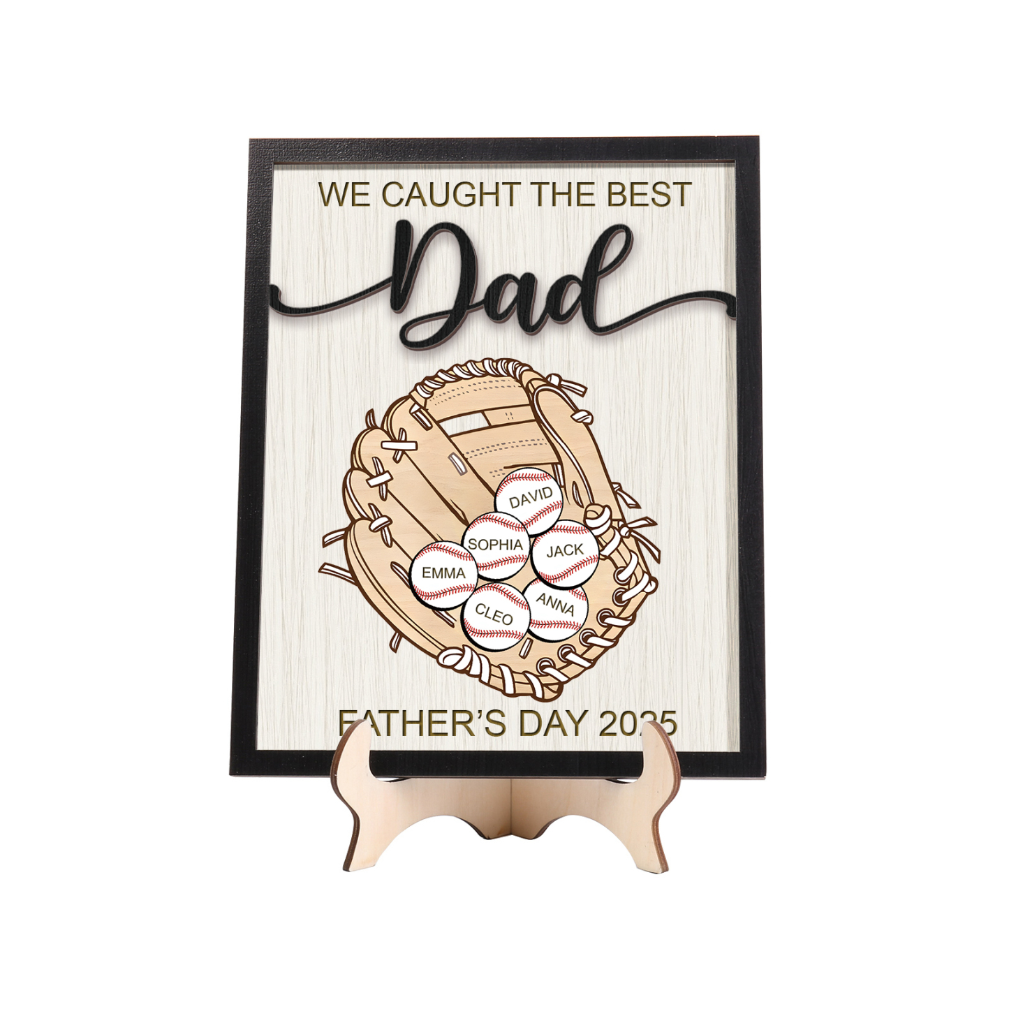 Personalised Wooden Plaque – “We Caught the Best Dad” Baseball Design 2 Texts & 6 Names | Jessemade