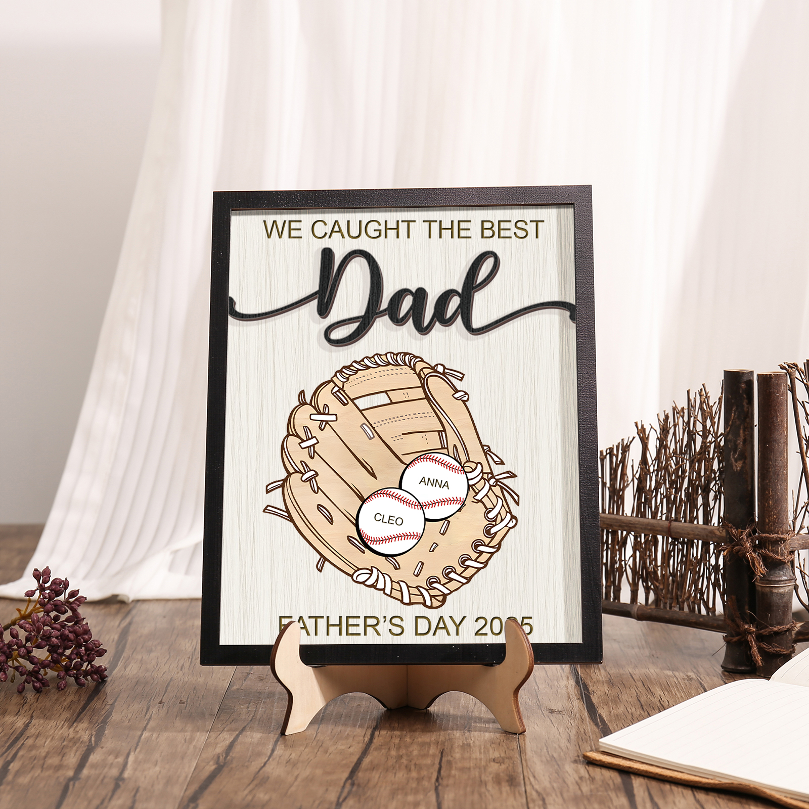 Personalised Wooden Plaque – “We Caught the Best Dad” Baseball Design 2 Texts & 2 Names | Jessemade