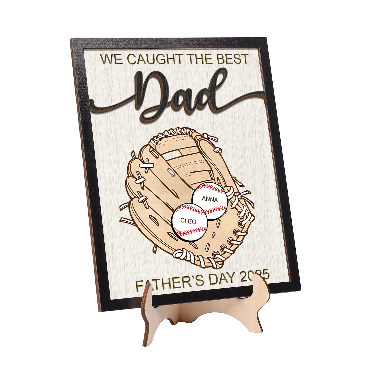 Personalised Wooden Plaque – “We Caught the Best Dad” Baseball Design 2 Texts & 2 Names | Jessemade