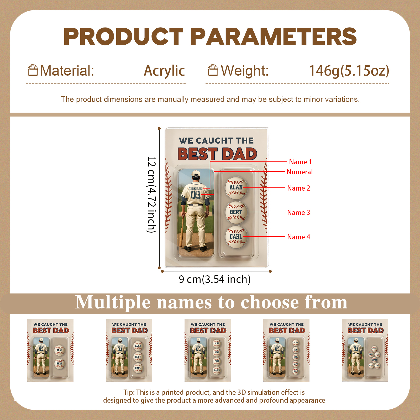 4 Names Personalised Baseball Dad Display Plaque – Custom Father's Day Gift | Jessemade