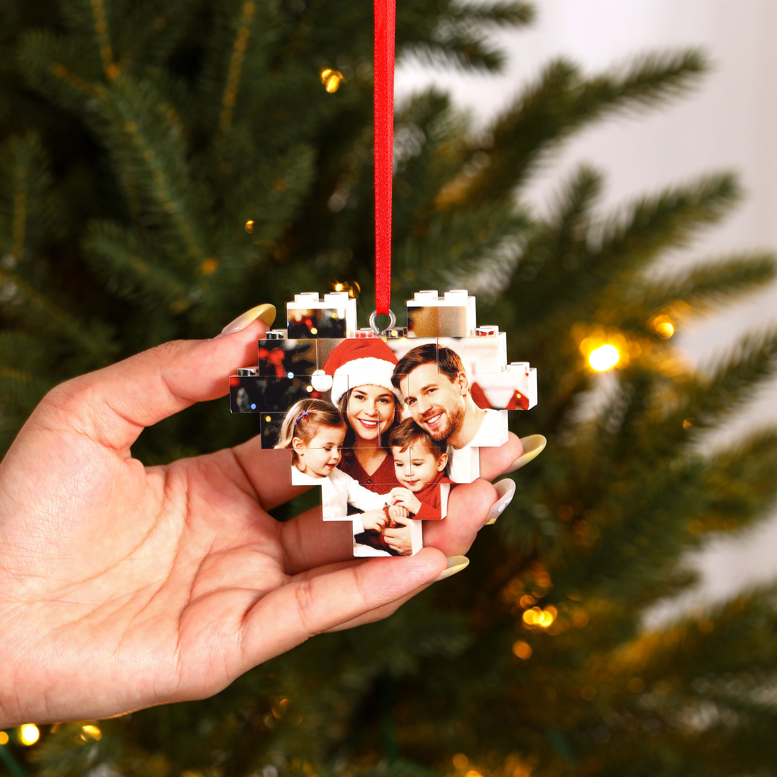 Personalised Photo Heart Christmas Blocks Bauble Ornamnet