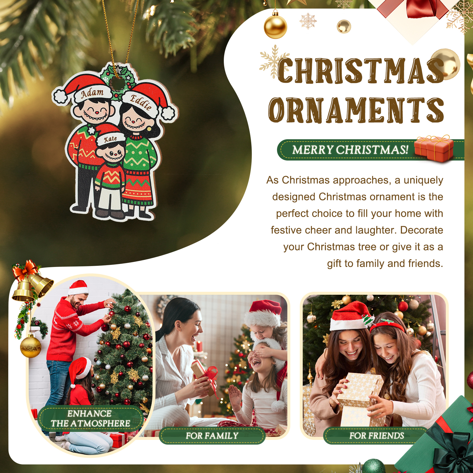 Personalised Cartoon Family Wooden Christmas Ornament