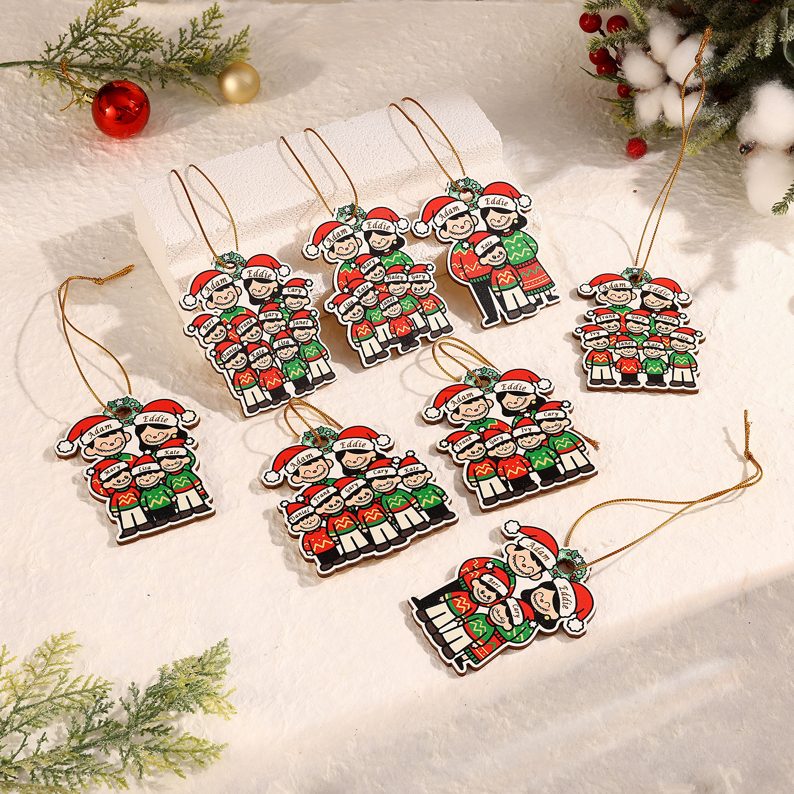 Personalised Cartoon Family Wooden Christmas Ornament