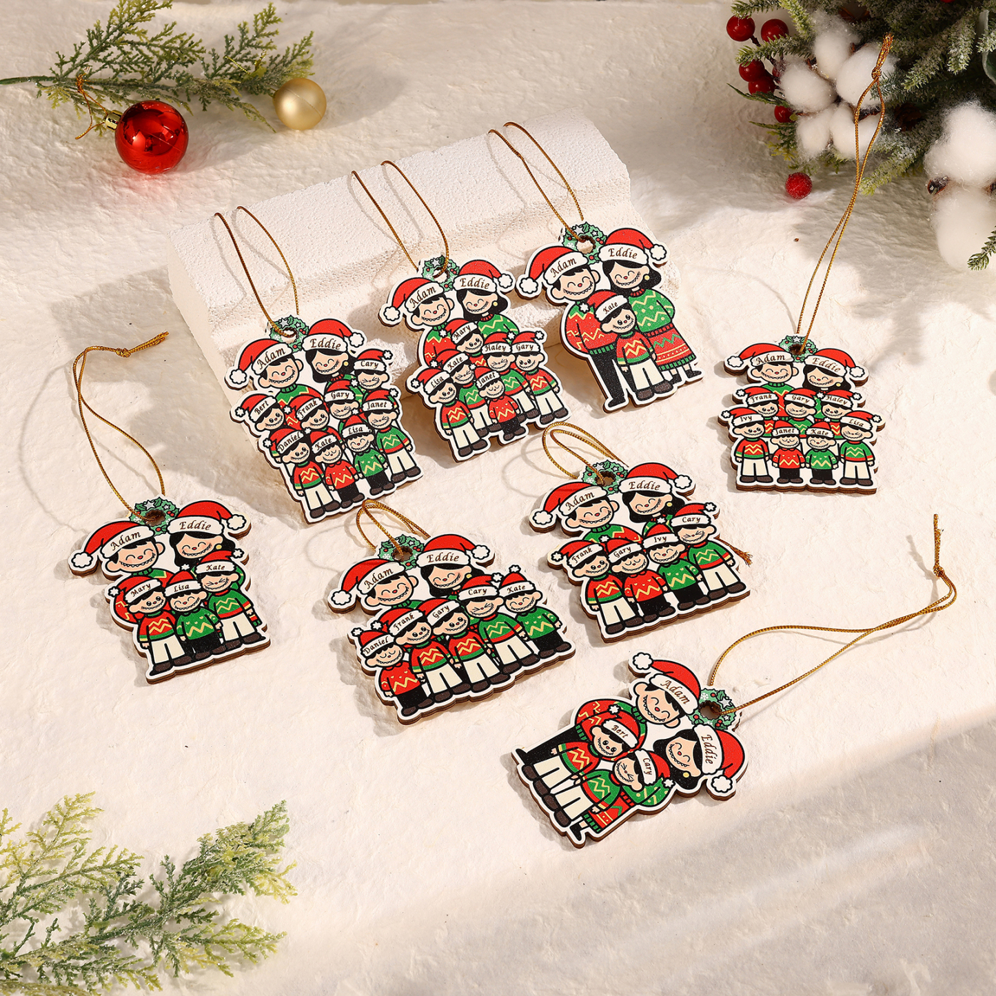 Personalised Cartoon Family Wooden Christmas Ornament