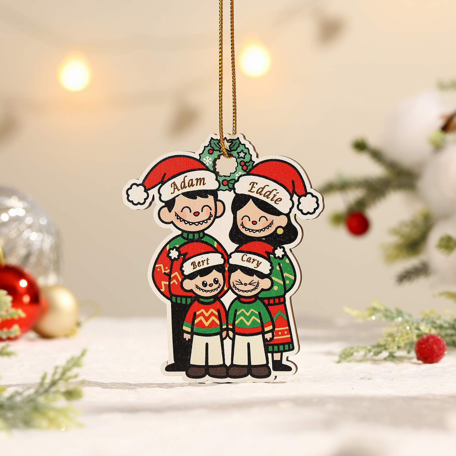 Personalised Cartoon Family Wooden Christmas Ornament